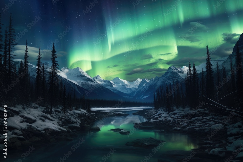 A stunning display of the vibrant Aurora Borealis illuminates the night sky over a serene mountain lake covered in snow, The northern lights viewed from an Alaskan landscape, AI Generated A stunning display of the vibrant Aurora Borealis illuminates the night sky over a serene mountain lake covered in snow, The northern lights viewed from an Alaskan landscape, AI Generated