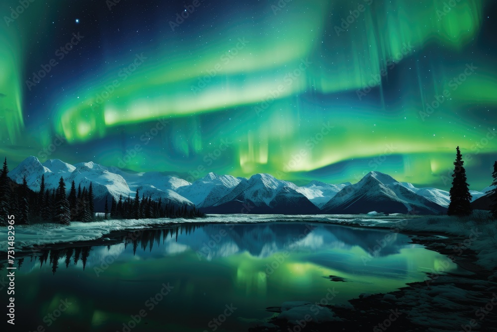 The ethereal beauty of the Aurora Borealis is perfectly mirrored in the calm and serene waters of a picturesque lake, The northern lights viewed from an Alaskan landscape, AI Generated