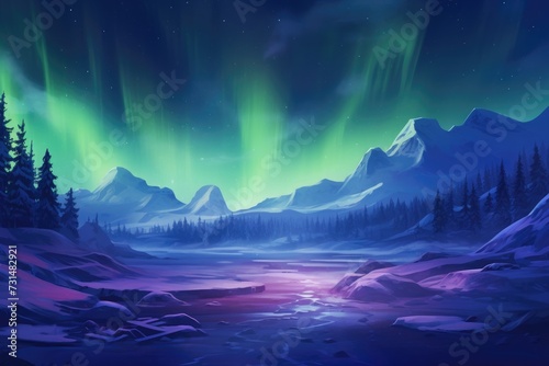 This image showcases a breathtaking painting of the mesmerizing Aurora Borealis phenomenon in the night sky, The Northern Lights shimmering over a snowy landscape, AI Generated