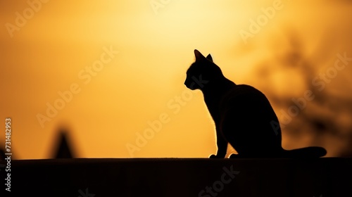 Silhouette of cat on sunset sky.