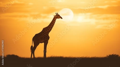 Silhouette of giraffe on sunset sky.