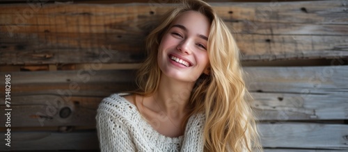 A happy blond woman with layered hair, wearing a white sweater, smiles in front of a wooden wall at an art event. The wood pattern adds a rustic touch.