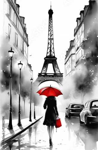 A girl with a red umbrella on the background of the Eiffel tower. A black and white picture. Made with the help of artificial intelligence. High quality. Postcard  wallpaper  background  screensaver. 