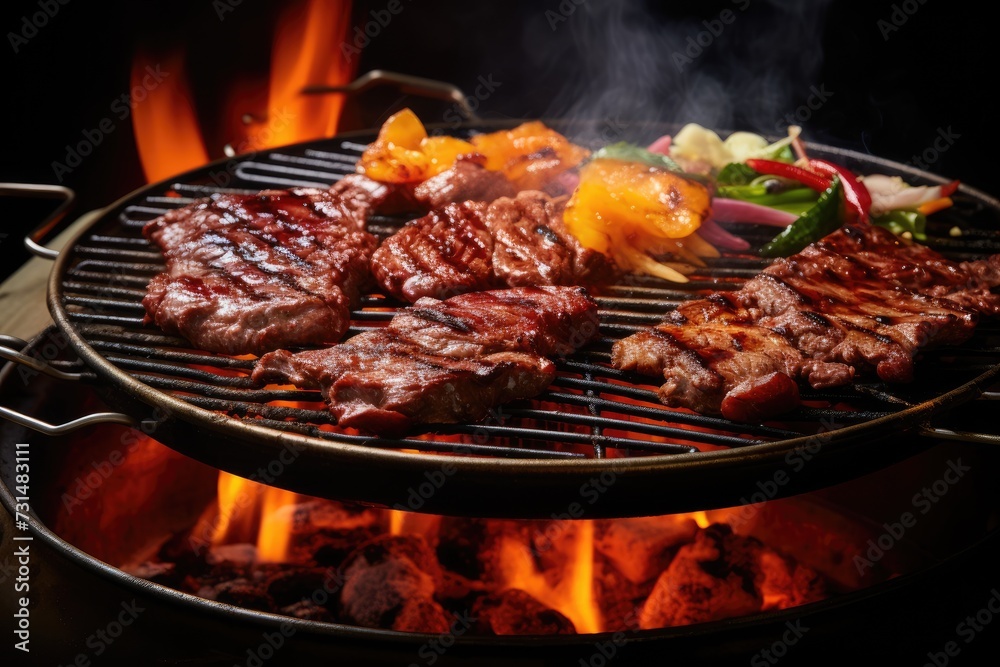 A mouthwatering close up of a grill sizzling with perfectly cooked meat and an assortment of fresh vegetables, The sizzle and steam of a Korean BBQ grill, AI Generated