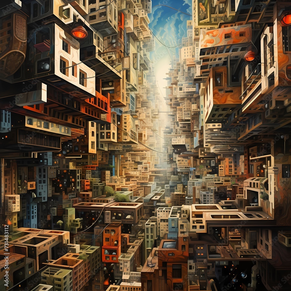 A surreal cityscape where buildings morph and twist, defying the laws of physics in an abstract and mind-bending composition
