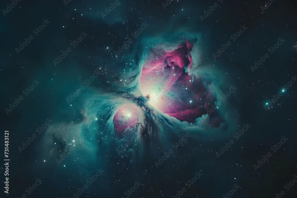 Fototapeta premium Dive into this vibrant stock photo capturing the Orion Nebula, a nursery of new stars, with gas clouds aglow in pink and green hues.