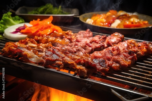 A bbq grill with meat and vegetables cooking on it, creating a mouth-watering outdoor barbecue feast, The sizzle and steam of a Korean BBQ grill, AI Generated