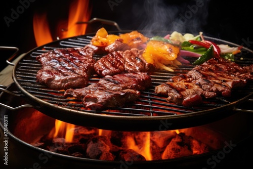 A mouthwatering close up of a grill sizzling with perfectly cooked meat and an assortment of fresh vegetables, The sizzle and steam of a Korean BBQ grill, AI Generated