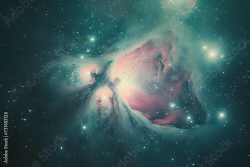Dive into this vibrant stock photo capturing the Orion Nebula, a nursery of new stars, with gas clouds aglow in pink and green hues.