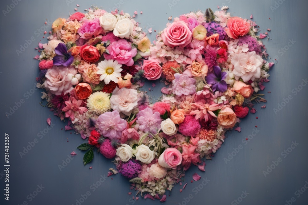 A heart made entirely of colorful flowers, placed on a vibrant blue backdrop, The word 'Love' spelled out using beautiful flowers, AI Generated A heart made entirely of colorful flowers, placed on a vibrant blue backdrop, The word 'Love' spelled out using beautiful flowers, AI Generated