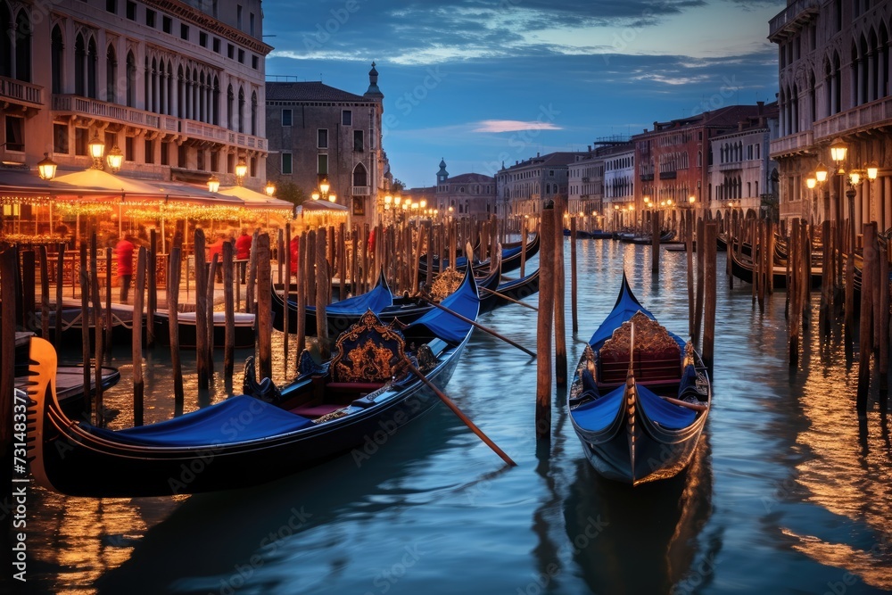 A picturesque view of two gondolas peacefully resting on the calm waters of a Venice canal, Traditional gondolas on the Venetian canals at dusk, AI Generated