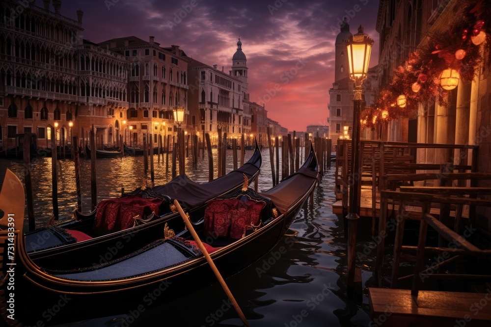 A pair of gondolas gracefully floating in the calm waters, showcasing the iconic Venetian architecture in the background, Traditional gondolas on the Venetian canals at dusk, AI Generated - obrazy, fototapety, plakaty 