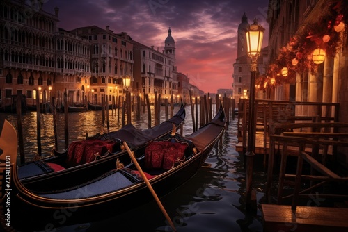 A pair of gondolas gracefully floating in the calm waters, showcasing the iconic Venetian architecture in the background, Traditional gondolas on the Venetian canals at dusk, AI Generated