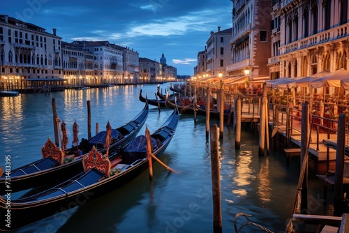 A couple of gondolas gracefully sit in the calm water, with the picturesque backdrop of Venice, Traditional gondolas on the Venetian canals at dusk, AI Generated © Iftikhar alam