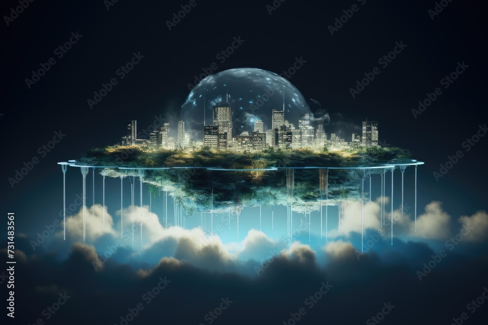 Fototapeta premium A mesmerizing sight of a city suspended in the clouds, illuminated by the night sky, Translucent layers of cloud computing depicted as floating islands, AI Generated