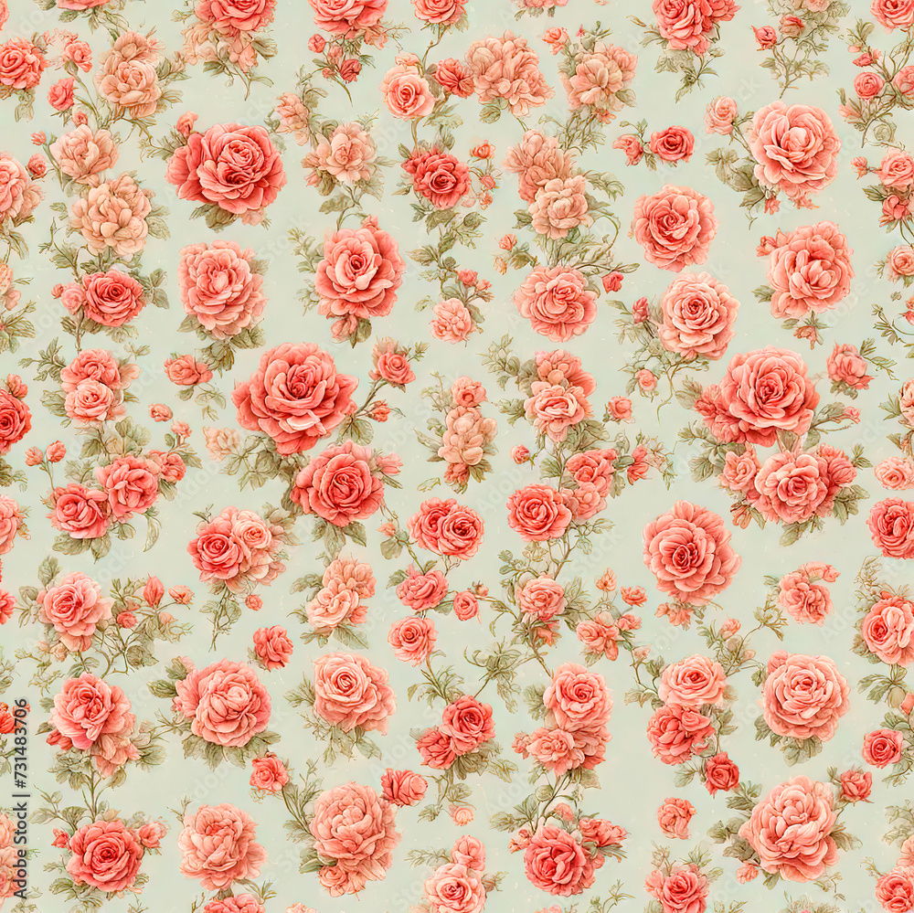 Vintage background with wallpaper decorated with small roses in the Victorian style.