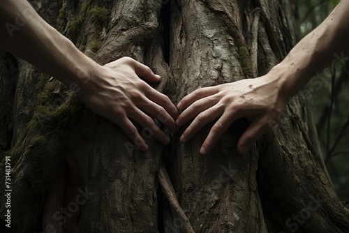 Two hands gently touch a tree trunk in the peacefulness of the woods, Two hands reaching for each other between a split tree trunk, AI Generated
