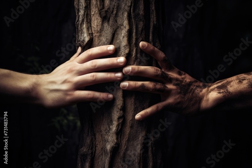 Two hands reaching out from the hollow of a tree, symbolizing connection and interconnectedness with nature, Two hands reaching for each other between a split tree trunk, AI Generated