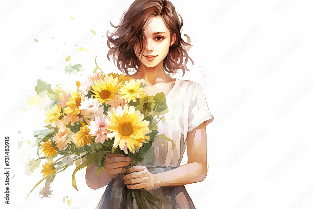 Happy woman with a bouquet of flowers, showcasing creativity in flower arranging Happy woman with a bouquet of flowers, showcasing creativity in flower arranging