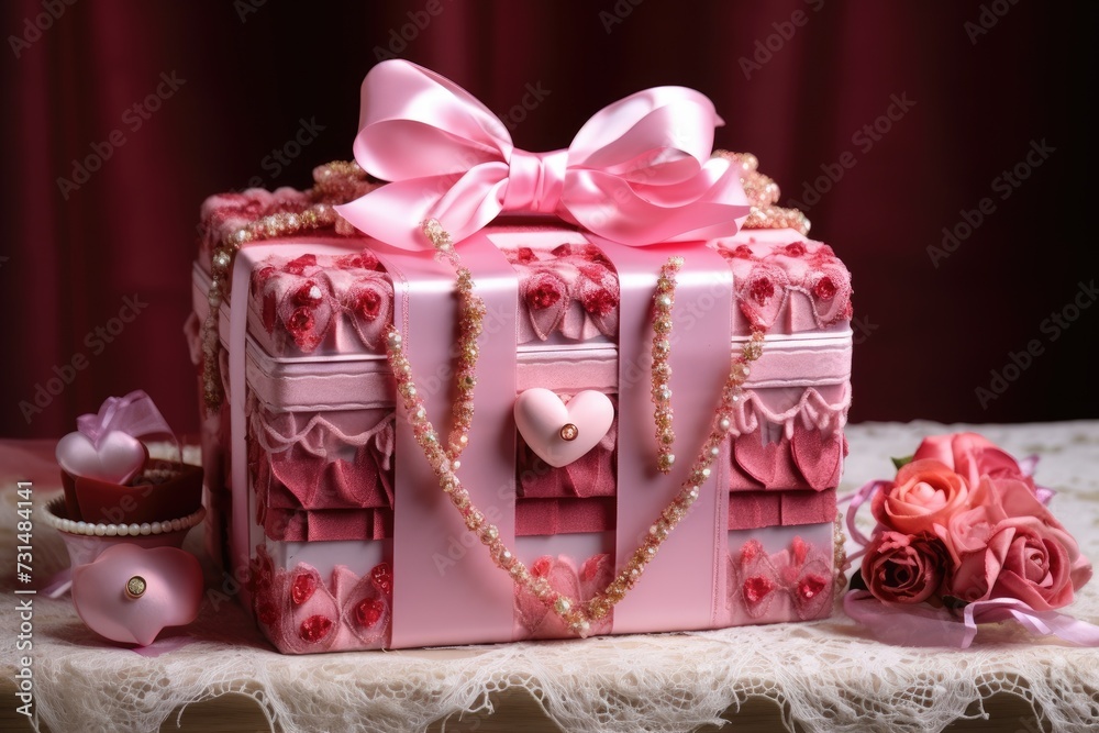 A lovely pink gift box with a beautiful bow on top, ready to surprise and delight someone on a special occasion, Valentine's Day gift box decorated with ribbons and charms, AI Generated A lovely pink gift box with a beautiful bow on top, ready to surprise and delight someone on a special occasion, Valentine's Day gift box decorated with ribbons and charms, AI Generated