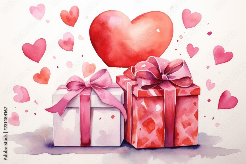 Painting of Two Wrapped Presents With Heart, Celebrating Love and Gift-Giving, Valentine's Day gift box with watercolor painted hearts, AI Generated