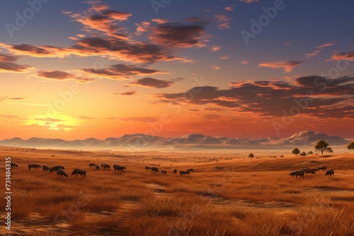 A group of cows peacefully eating grass in a field that lacks moisture, Vast plains featuring herds of grazing animals at dawn, AI Generated photo