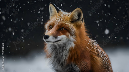 Portrait of a fox on a black background with falling snow