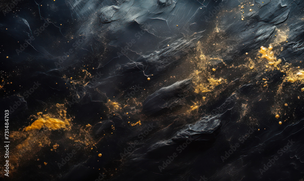 Luxurious black marble background sprinkled with golden specks and streaks, creating an elegant canvas for high-end design and sophisticated visual appeal