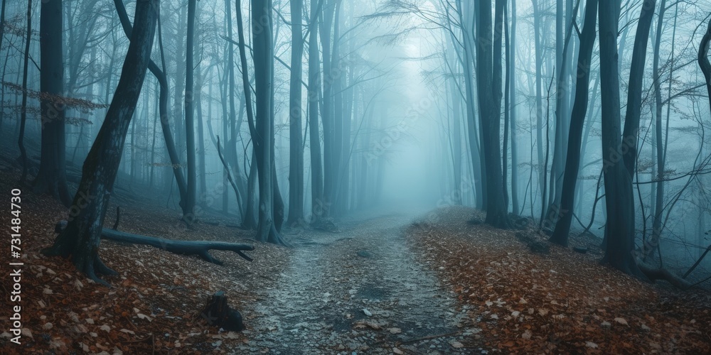 Obraz premium Panorama of foggy forest. Fairy tale spooky looking woods in a misty day. Cold foggy morning in horror forest