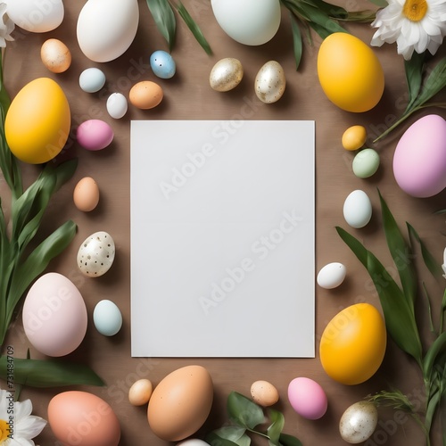 Creative easter flat lay with white paper blank