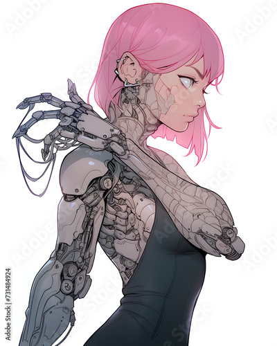 Cyberpunk android girl with pink hairs on white background
