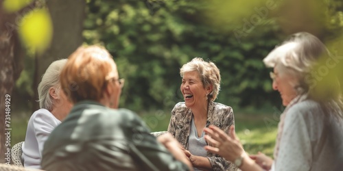 Talking, laughing and senior woman friends outdoor in a park together for bonding during retirement. Happy, smile and funny with a group of elderly people chatting in a garden for humor or fun © StockWorld