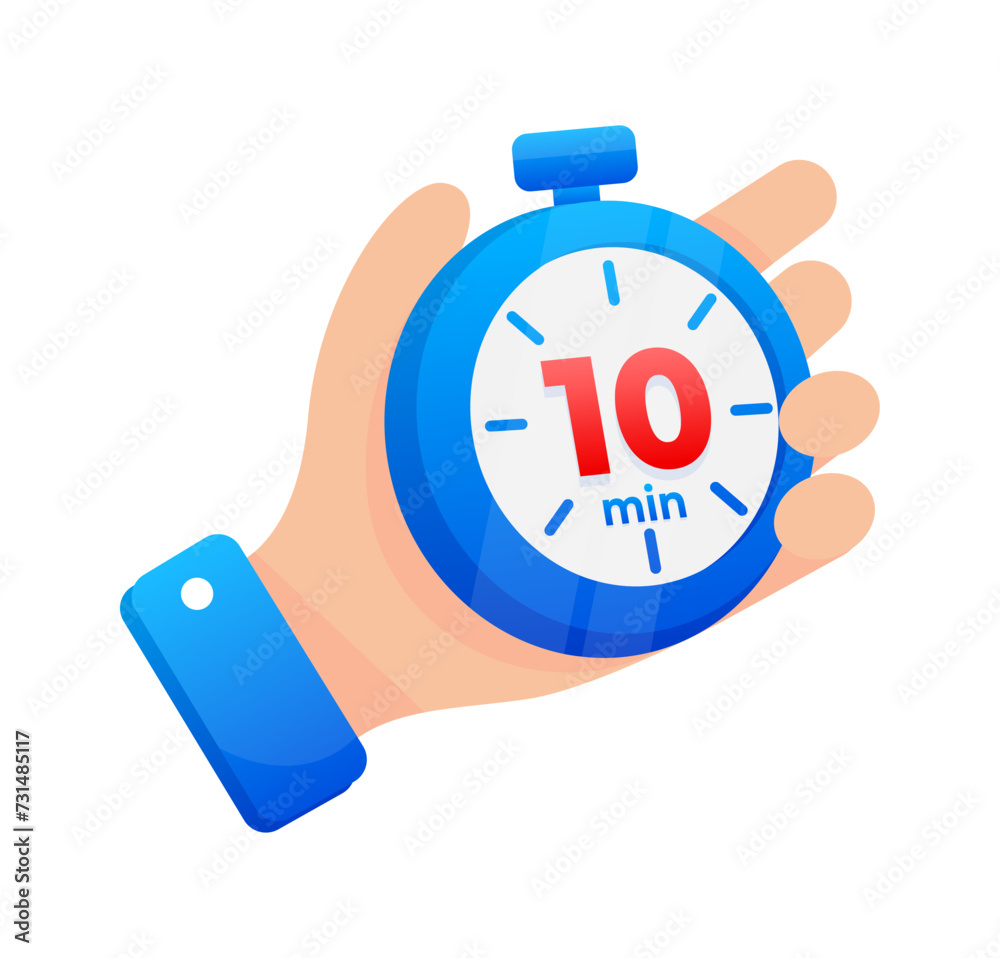 Hand firmly gripping a blue stopwatch set to 10 minutes, with a prominent red highlight on the timer Hand firmly gripping a blue stopwatch set to 10 minutes, with a prominent red highlight on the timer