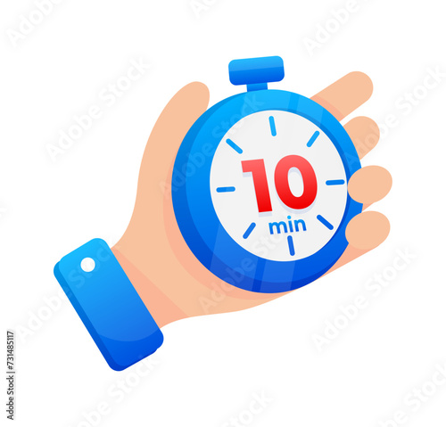 Hand firmly gripping a blue stopwatch set to 10 minutes, with a prominent red highlight on the timer