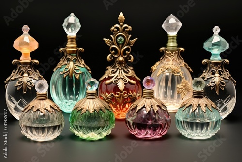 An array of differently colored glass bottles placed next to each other on a surface, Vintage perfume bottles with decorative stoppers, AI Generated