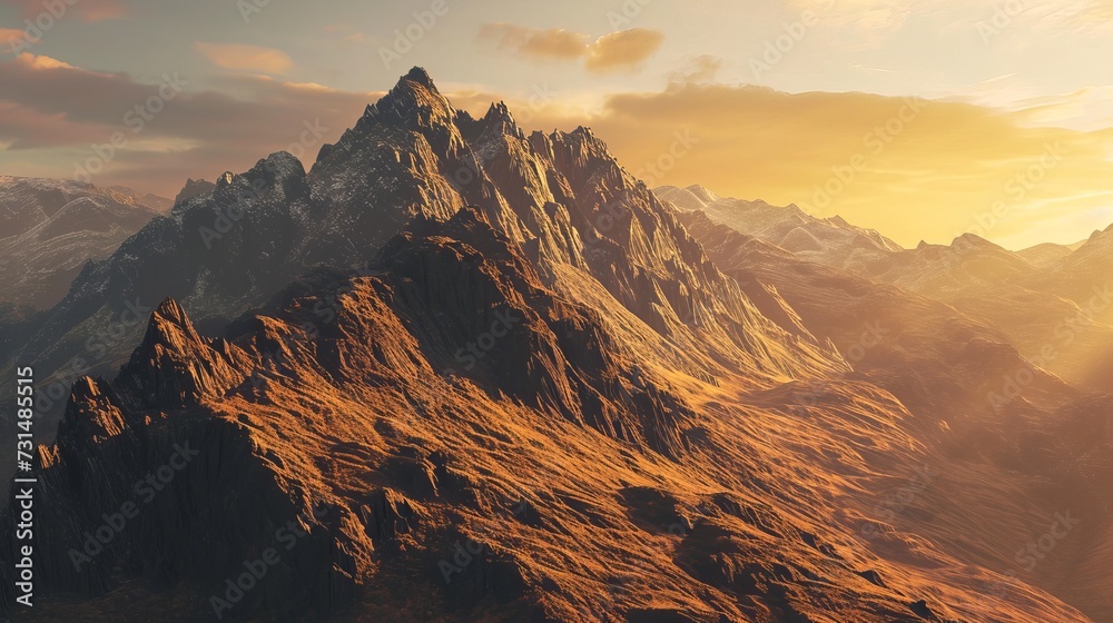 Breathtaking Sunset Over Rugged Mountain Peaks with Golden Light Illuminating the Rocky Terrain