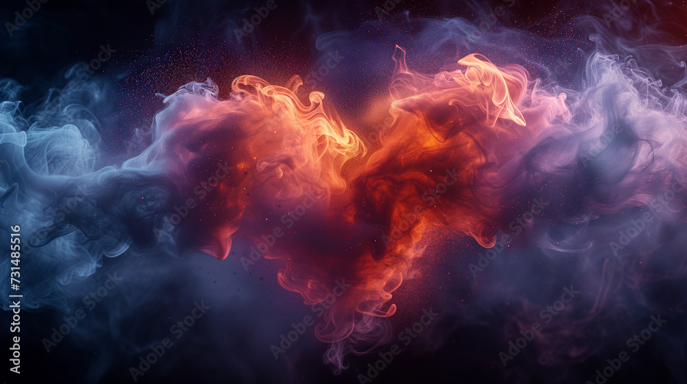Fire and smoke, Heart shaped smoke, Cyber neon colors, futuristic smoke and fog heart on dark background, Ai generated image Fire and smoke, Heart shaped smoke, Cyber neon colors, futuristic smoke and fog heart on dark background, Ai generated image