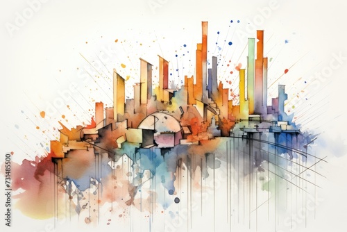 A beautiful watercolor painting depicting the vibrant city skyline, capturing the essence of urban life, Watercolor painting of a stock market crash graph, AI Generated photo