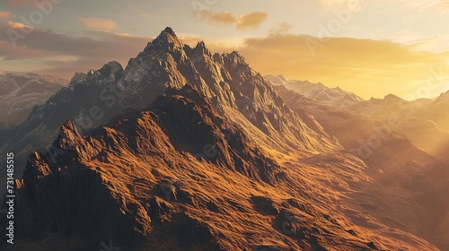 Breathtaking Sunset Over Rugged Mountain Peaks with Golden Light Illuminating the Rocky Terrain