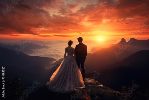 Bride and Groom Embrace on Majestic Mountain Peak at Sunset, Wedding scene in front of a magnificent sunset on a mountain peak, AI Generated