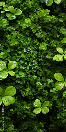 A top view of a beautiful macro closeup image of green natural small plant leaves vertical garden bush 