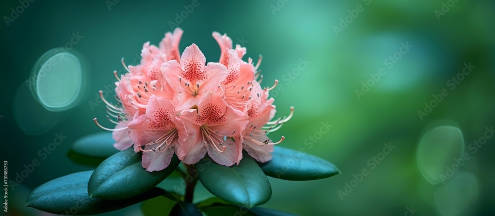 A magnified view of a pink flower with green leaves set against a lush green backdrop, showcasing the beauty of a flowering plant.
