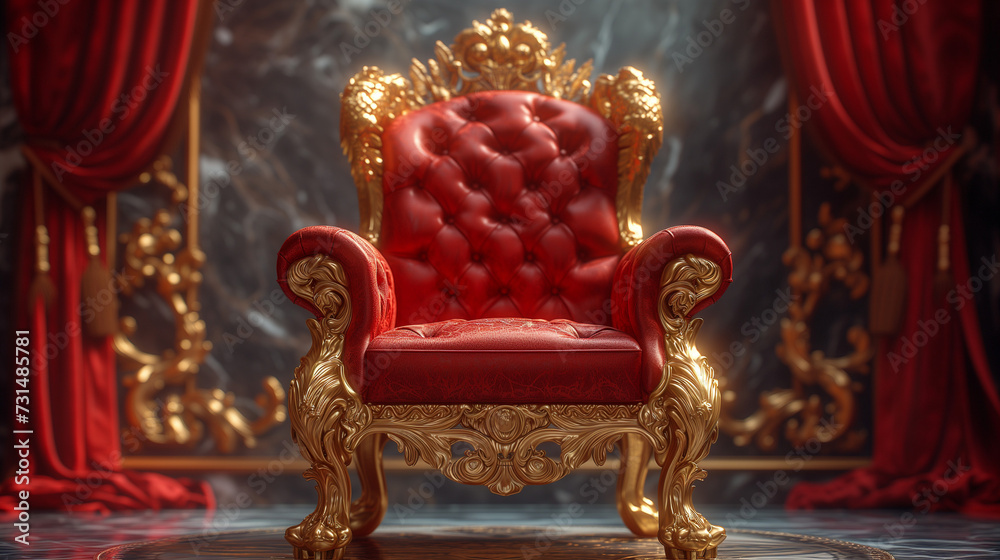 Antique armchair in the interior, The Throne Room with Gold royal chair on a white background of red curtains. Place for the king. Throne, luxury armchair, Ai generated image Antique armchair in the interior, The Throne Room with Gold royal chair on a white background of red curtains. Place for the king. Throne, luxury armchair, Ai generated image