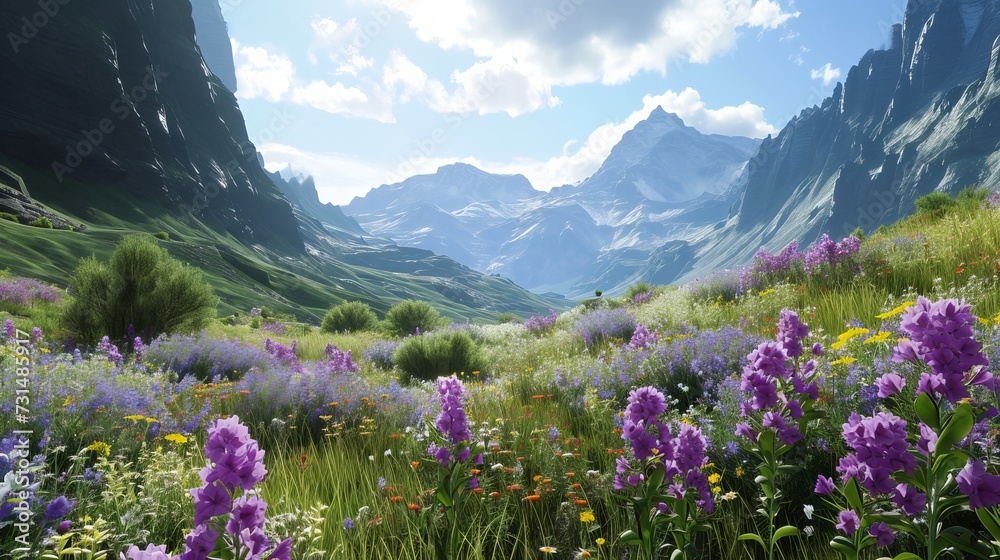 Breathtaking Mountain Landscape with Lush Green Meadows and Blooming Wildflowers Under a Clear Blue Sky
