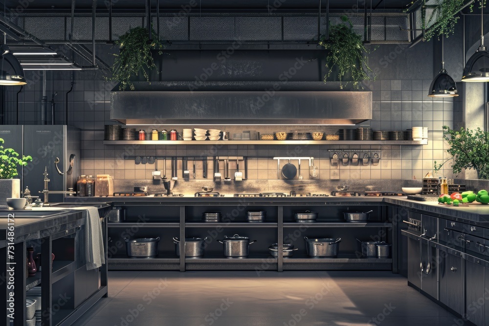 A well-equipped kitchen featuring numerous pots and pans, providing ample space for all your cooking needs, 3D render of a five-star restaurant kitchen without any chefs, AI Generated