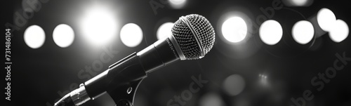 Microphone on stage. Black white background. Banner photo