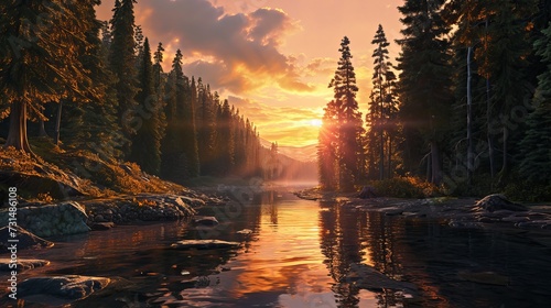 Sunset Over Serene Forest Lake Surrounded by Pine Trees and Rocky Shoreline