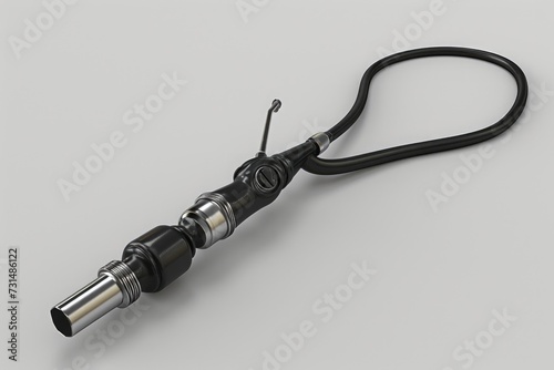 A detailed view of a metallic item resting on a flat, white background, 3D model of an endoscope, AI Generated