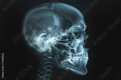 This chilling photo captures a skeletons head emitting smoke, creating a hauntingly atmospheric effect, 3D X-ray film of a human skull, AI Generated
