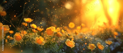 A beautiful landscape of yellow flowers, with the sun's rays illuminating the field filled with blooming petals.